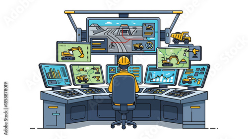 Modern vector illustration of mining control room with operators and digital screens, ideal for modern mining technology and industry management visuals