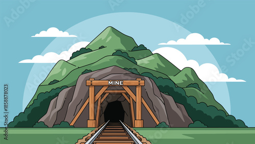 Modern vector illustration of traditional mine entrance with wooden supports and rail tracks, ideal for mining history, heritage, and education projects