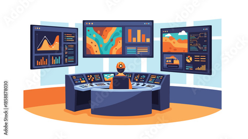 Modern vector illustration of mining control room with operators and digital screens, ideal for modern mining technology and industry management visuals