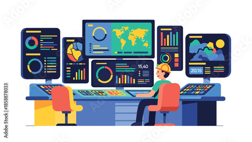 Modern vector illustration of mining control room with operators and digital screens, ideal for modern mining technology and industry management visuals
