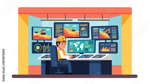 Modern vector illustration of mining control room with operators and digital screens, ideal for modern mining technology and industry management visuals