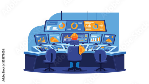 Modern vector illustration of mining control room with operators and digital screens, ideal for modern mining technology and industry management visuals