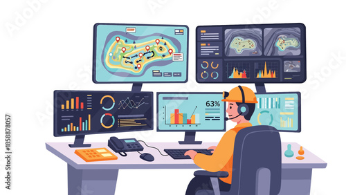 Modern vector illustration of mining control room with operators and digital screens, ideal for modern mining technology and industry management visuals