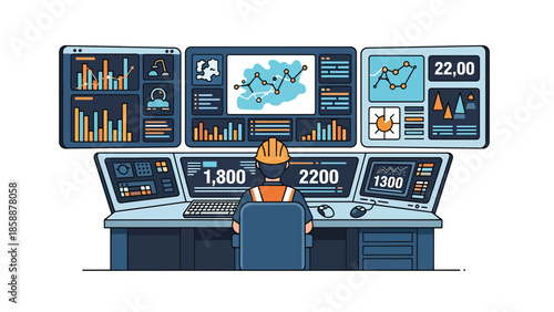 Modern vector illustration of mining control room with operators and digital screens, ideal for modern mining technology and industry management visuals