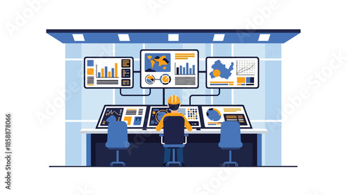 Modern vector illustration of mining control room with operators and digital screens, ideal for modern mining technology and industry management visuals