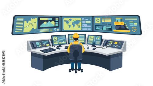 Modern vector illustration of mining control room with operators and digital screens, ideal for modern mining technology and industry management visuals