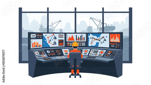 Modern vector illustration of mining control room with operators and digital screens, ideal for modern mining technology and industry management visuals