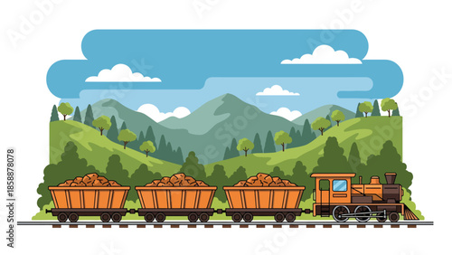 Modern vector illustration of mining train cart filled with ore on rail tracks, ideal for mining history, industry education, and resource extraction visuals