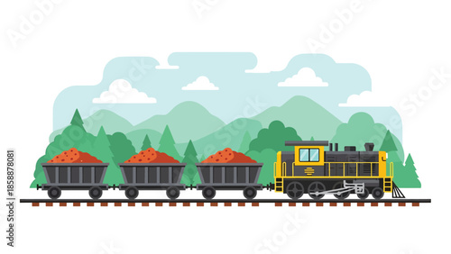 Modern vector illustration of mining train cart filled with ore on rail tracks, ideal for mining history, industry education, and resource extraction visuals