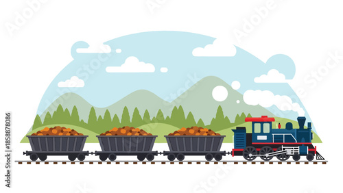 Modern vector illustration of mining train cart filled with ore on rail tracks, ideal for mining history, industry education, and resource extraction visuals