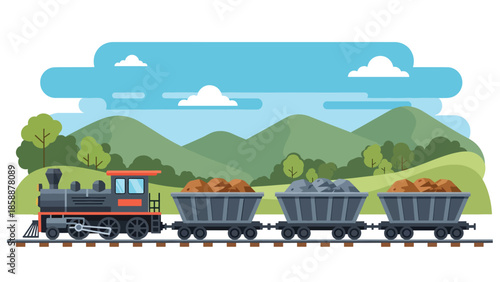 Modern vector illustration of mining train cart filled with ore on rail tracks, ideal for mining history, industry education, and resource extraction visuals