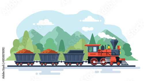 Modern vector illustration of mining train cart filled with ore on rail tracks, ideal for mining history, industry education, and resource extraction visuals