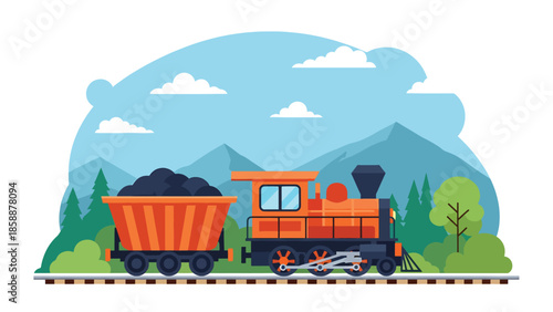 Modern vector illustration of mining train cart filled with ore on rail tracks, ideal for mining history, industry education, and resource extraction visuals