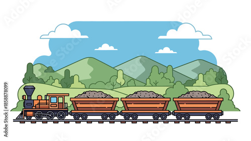 Modern vector illustration of mining train cart filled with ore on rail tracks, ideal for mining history, industry education, and resource extraction visuals