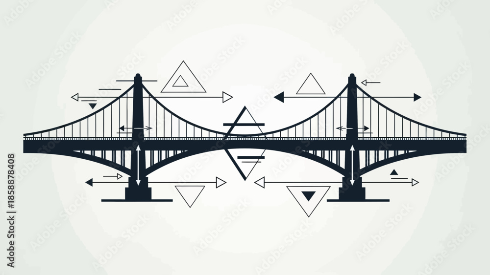 Fototapeta premium Stylized suspension bridge with geometric shapes and arrows.