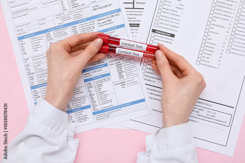 Obraz premium Female doctor's hands with blood samples of cortisol and laboratory test forms on pink background. Medical concept