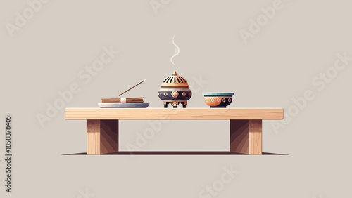 Incense burner with smoke, sticks, and bowl on a wooden table.