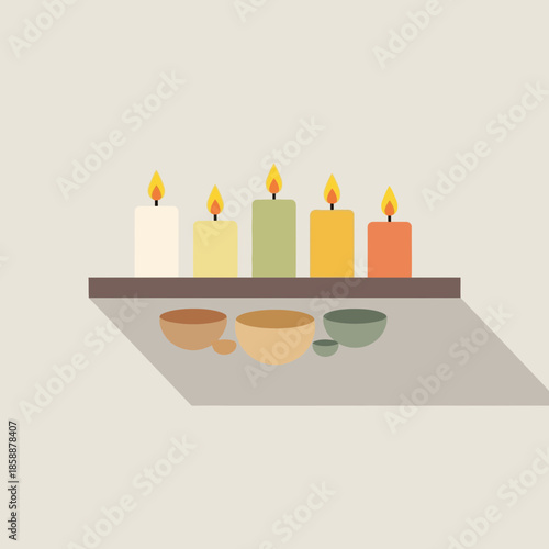 Five lit candles and bowls on a shelf with reflections.