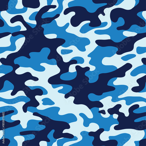 Blue Camouflage Seamless Pattern Vector. Abstract Marine or Navy Military Texture Background. Army Camo Illustration for Textile and Print.