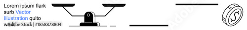 Law, financial decisions, business ethics, equality, tradeoffs, fairness. A balanced scale and a coin symbol. Justice and financial decisions concepts