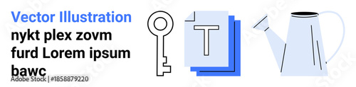 Data security, organization, creativity, gardening, growth, minimalistic designs. Key, documents and watering can icons on white background. Data security and organization