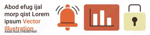 Notification alerts, data analysis, security systems, privacy, digital infrastructure, communication tools. Icon set including a bell, bar chart and lock symbol. Alerts and data analysis concepts