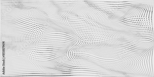 Black halftone wave background. Abstract grainy fluid texture. Dotted curved dot flow wallpaper. Grit swoosh overlay element for poster, banner, brochure, flyer, leaflet, template. Vector backdrop