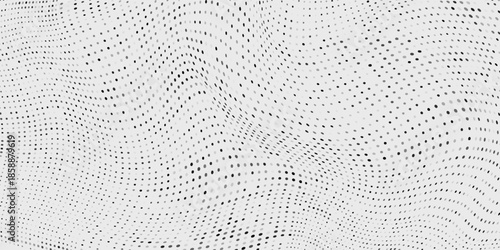 Black halftone wave background. Abstract grainy fluid texture. Dotted curved dot flow wallpaper. Grit swoosh overlay element for poster, banner, brochure, flyer, leaflet, template. Vector backdrop