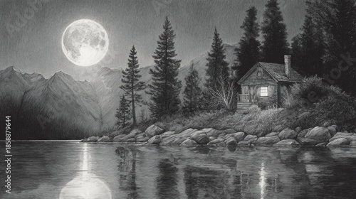 Rustic lakeside cabin under bright full moon and mountains