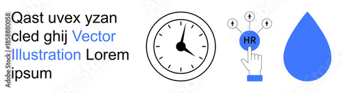 Time management, HR functions, workflow tools, corporate operations, productivity, and resource planning. Clock, hand selecting HR and water drop symbols. Time management and HR functions focus
