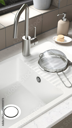 Modern kitchen sink setup with a strainer and soap dispenser near a window and plant.