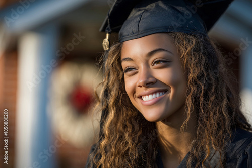 Young african american woman wearing graduation cap and gown, smiling brightly outdoors, celebrating academic achievement with joyful expression and warm sunlight illuminating her face