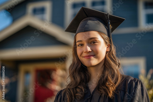 Young woman in graduation cap and gown smiles proudly outdoors, with a house in the background, celebrating academic achievement and new beginnings in a joyful atmosphere