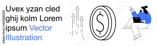 Financial growth, modern economy, online business, work from home, economic analysis, investment planning. Dollar coin, arrows pointing upward woman on laptop. Financial growth and modern economy