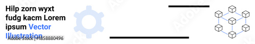 Blockchain, data networks, innovation, technology, decentralized systems, efficiency. Image features a gear icon and a cube-based grid network. Blockchain and efficiency concept