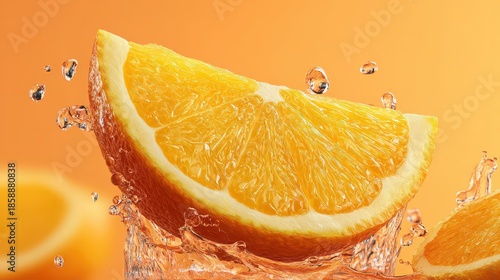 Vibrant Orange Slice Splashed with Water on Warm Background