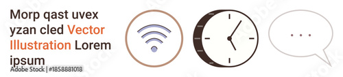 Digital network, time efficiency, remote work, technology communication, wireless connectivity, productivity management. Icons of wireless, a clock and a speech bubble. Digital network and time