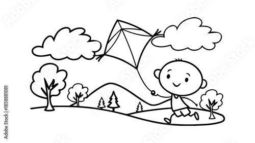 Boy flying kite in park landscape coloring book illustration