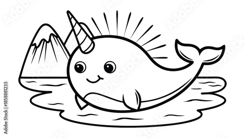Cute cartoon narwhal coloring page with icy mountains background