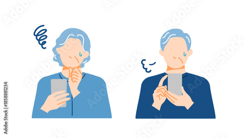 スマホを持った老夫婦が困っているイラスト。フラットデザイン。