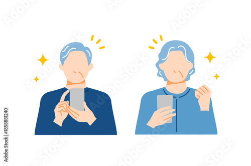 老夫婦がスマホを持って喜んでいる表情のイラスト。フラットデザイン。