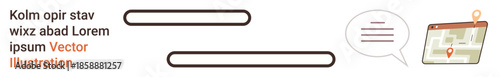 Navigation, geolocation, user interface design, communication, search functionality, cartography. Search bars, map interface with a location pin and speech bubble. Navigation and geolocation concept