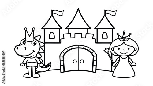 Happy dragon and princess standing in front of fairytale castle