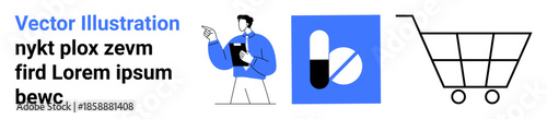 E-commerce, healthcare, online pharmacy, shopping, healthcare consultation, drug retail. A person pointing at a clipboard, pills icon and a shopping cart. Online pharmacy and healthcare consultation