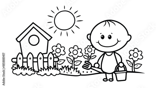 Happy boy gardening with flowers and birdhouse coloring page