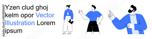 Teamwork, workplace interaction, idea sharing, creative teams, digital communication, project management. Three individuals interacting. Teamwork and workplace interaction concept