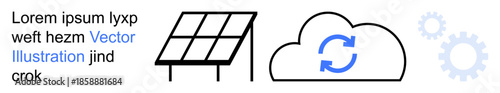 Renewable energy, cloud storage, automation, data synchronization, sustainability, green technology. Black solar panel, cloud with sync icon and blue automation gears. Renewable energy and cloud