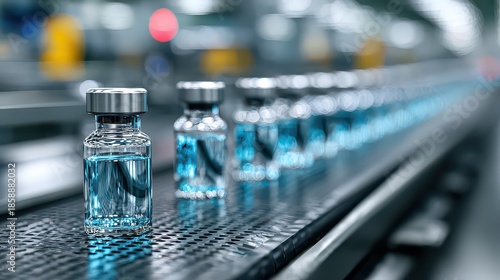 Row of Glass Vaccine Vials with Blue Liquid on Conveyor Belt in Pharmaceutical Factory Under Bright White Lighting