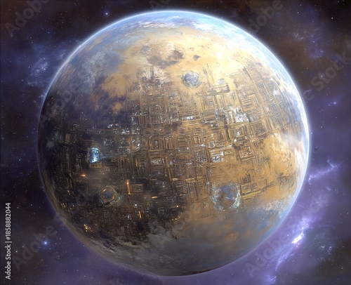 An ancient yet futuristic planet seen from above, built entirely for machine intellect and ordered knowledge