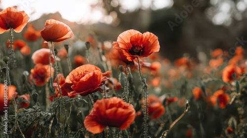 Scenic Meadow of Red Poppies Bathed in Golden Sunlight with Dew Droplets and Soft Bokeh Background
